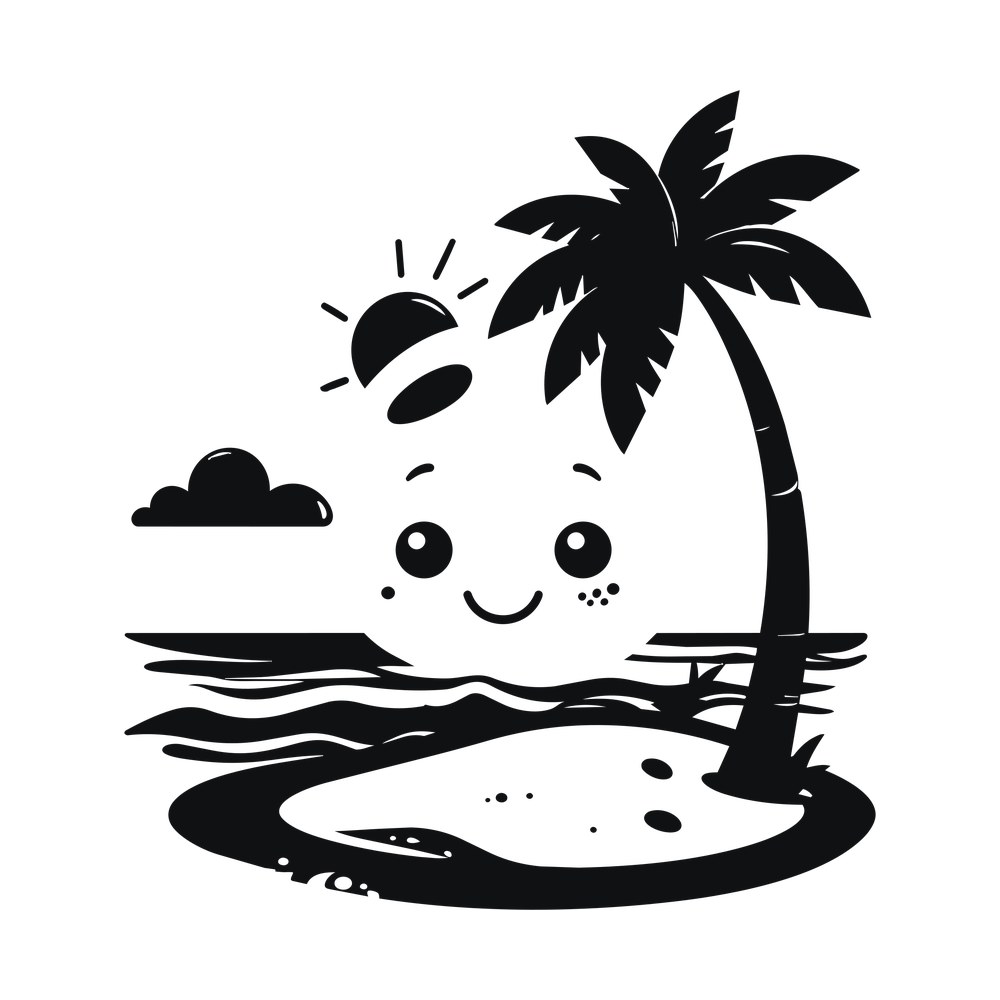 Black cut-file beach scene with smiling sun, ocean waves, sandy island and leaning palm tree