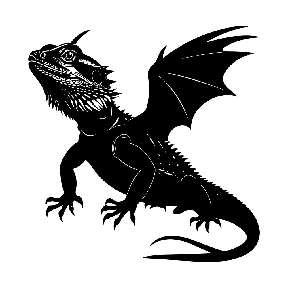 Black silhouette of a bearded dragon lizard with spread bat-like wings, spiky beard and long tail