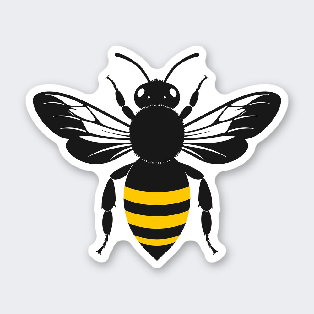 Sticker of a yellow and black honey bee from above with spread veined wings and striped abdomen