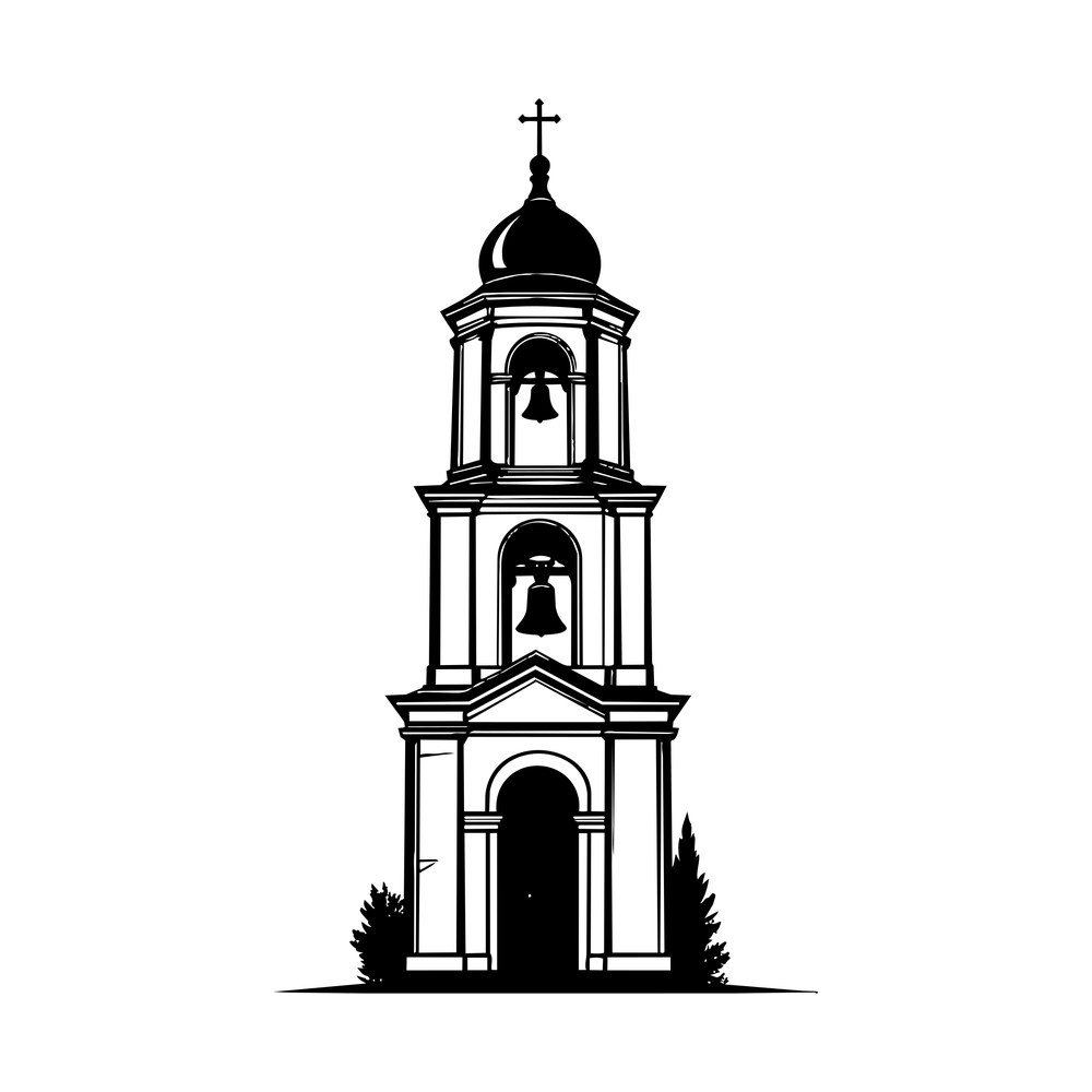 Black line-art church bell tower with onion dome, cross, two bells, arched door and shrubs