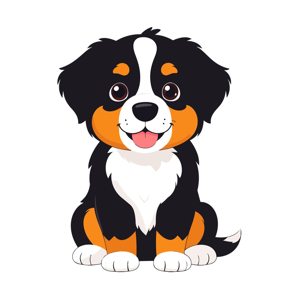Cartoon Bernese mountain dog puppy sitting with white chest, rust markings and pink tongue