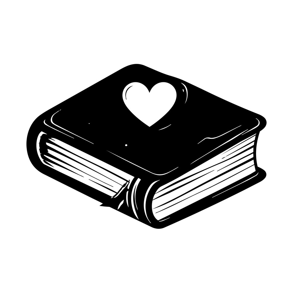 Closed hardcover book at an angle with white heart on the cover and lined page edges
