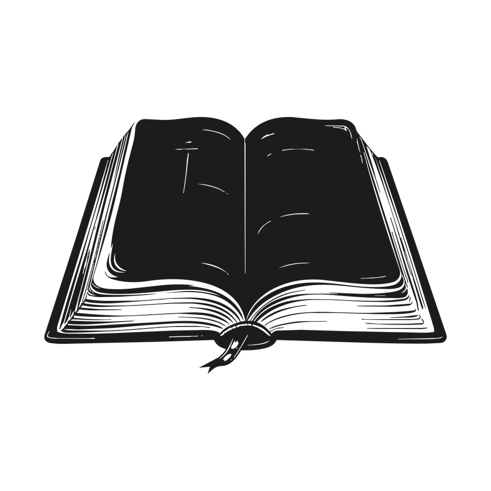 Open bible drawn in black with fanned page edges, small cross and ribbon bookmark