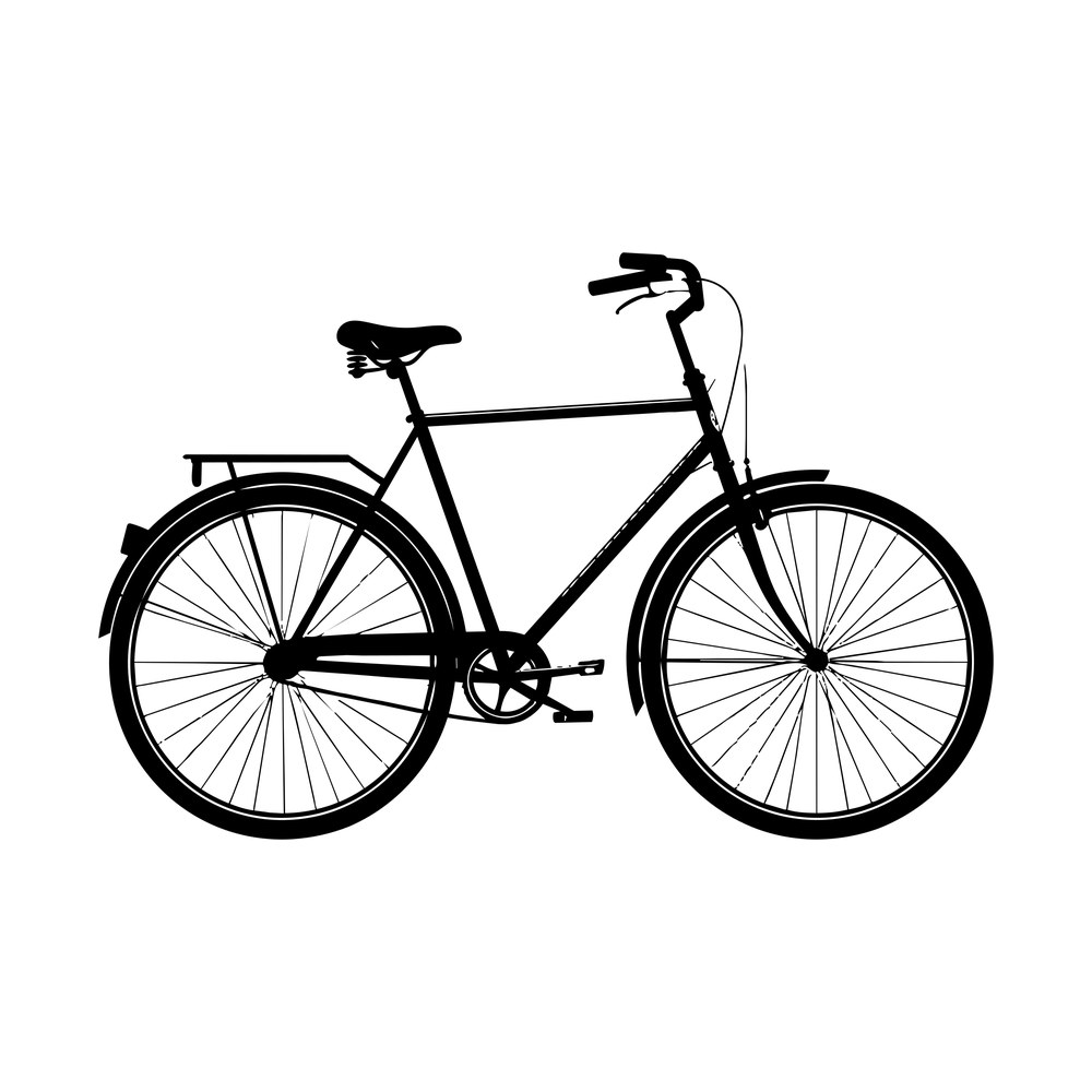 Retro city bicycle silhouette with fenders, rear rack, curved handlebars and spoked wheels