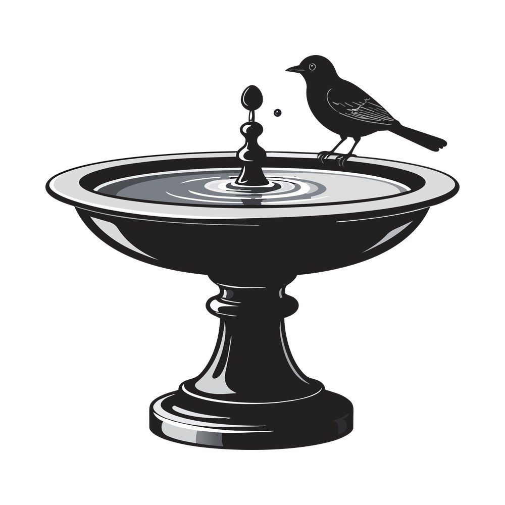 Black and white bird bath with a small bird perched on the rim and water rippling below