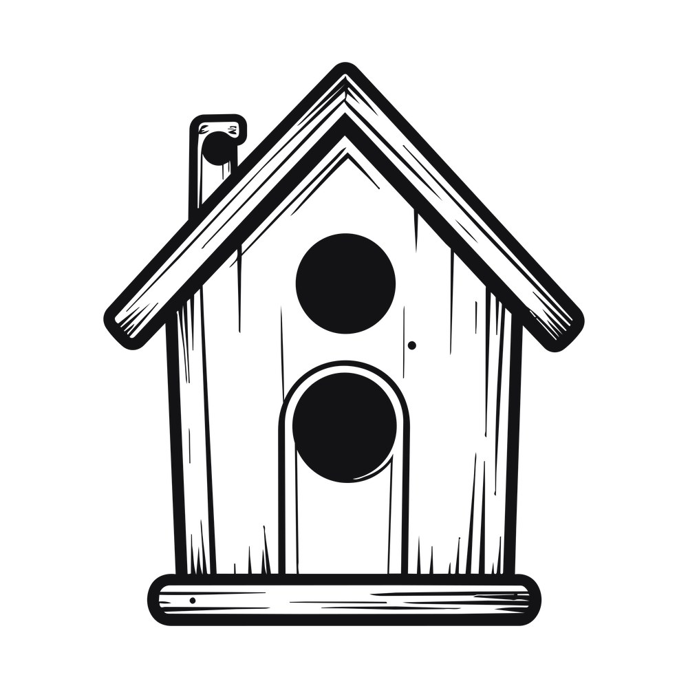 Line-art wooden birdhouse with plank roof, round entry hole, arched opening and perch board