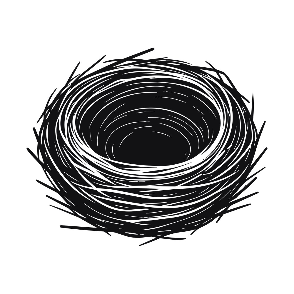 Hand-sketched empty bird nest made of overlapping twig lines with straws around the rim