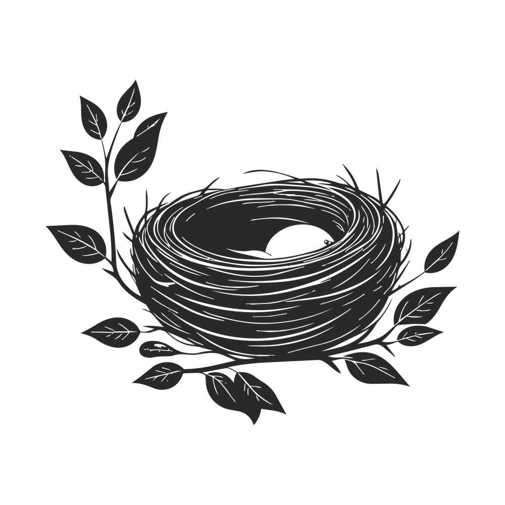 Line art of an empty woven twig bird nest framed by branches with pointed leaves