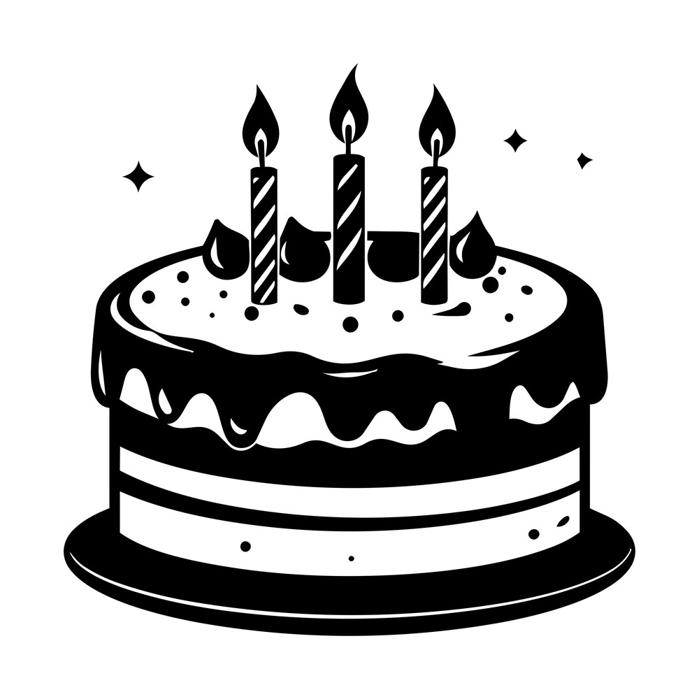 Side view birthday cake with three lit candles, icing drips and sparkles on a footed plate