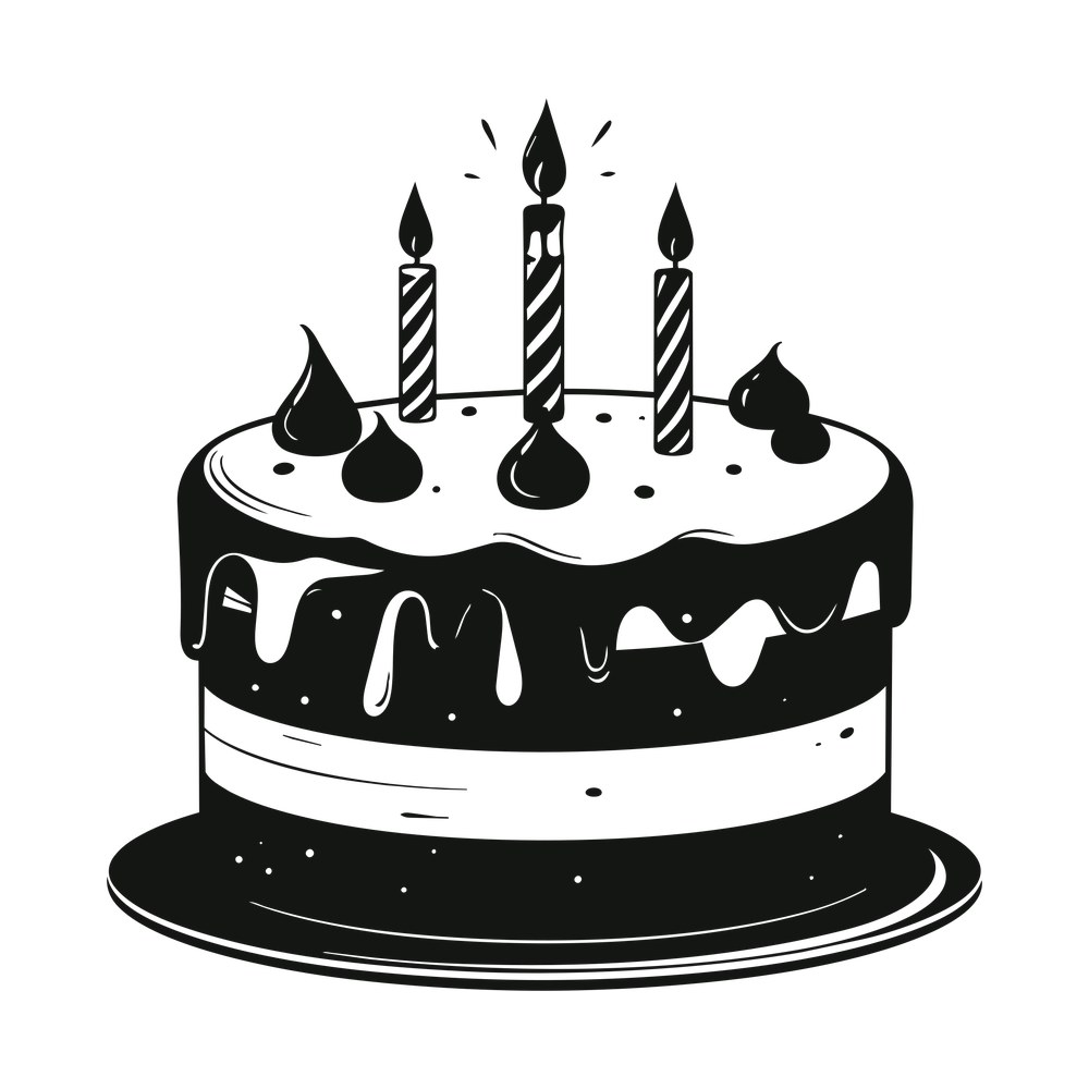 Black and white birthday cake with three lit striped candles, dripping frosting and swirls