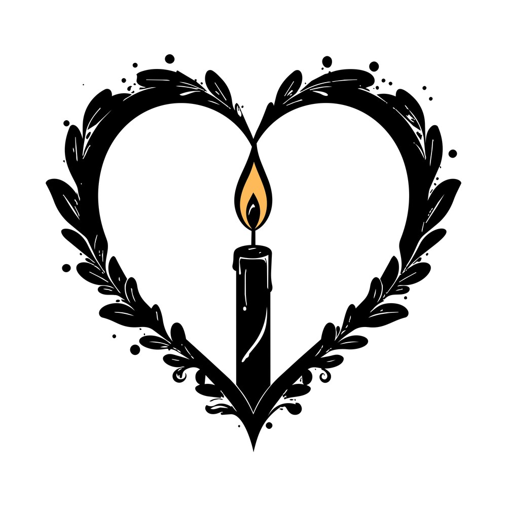 Heart-shaped leafy wreath framing a lit candle with an orange flame, black ink style