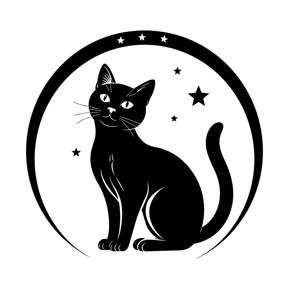 Black cat sitting inside a circular ring surrounded by small five-pointed stars