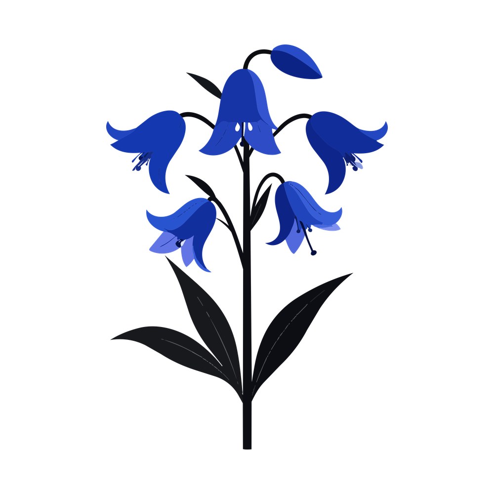 Flat vector bluebell stem with five royal blue bell flowers and dark green pointed leaves