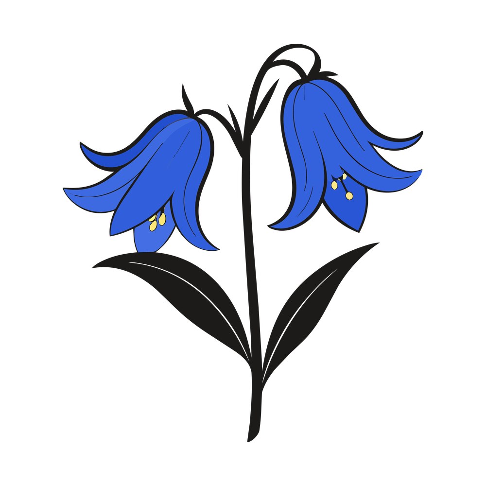 Two blue bluebell flowers with yellow stamens and black leaves on a curved stem