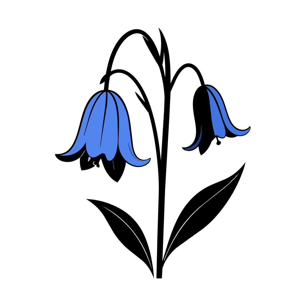 Two blue bluebell flowers nodding from a stem with solid black leaves and inked outlines
