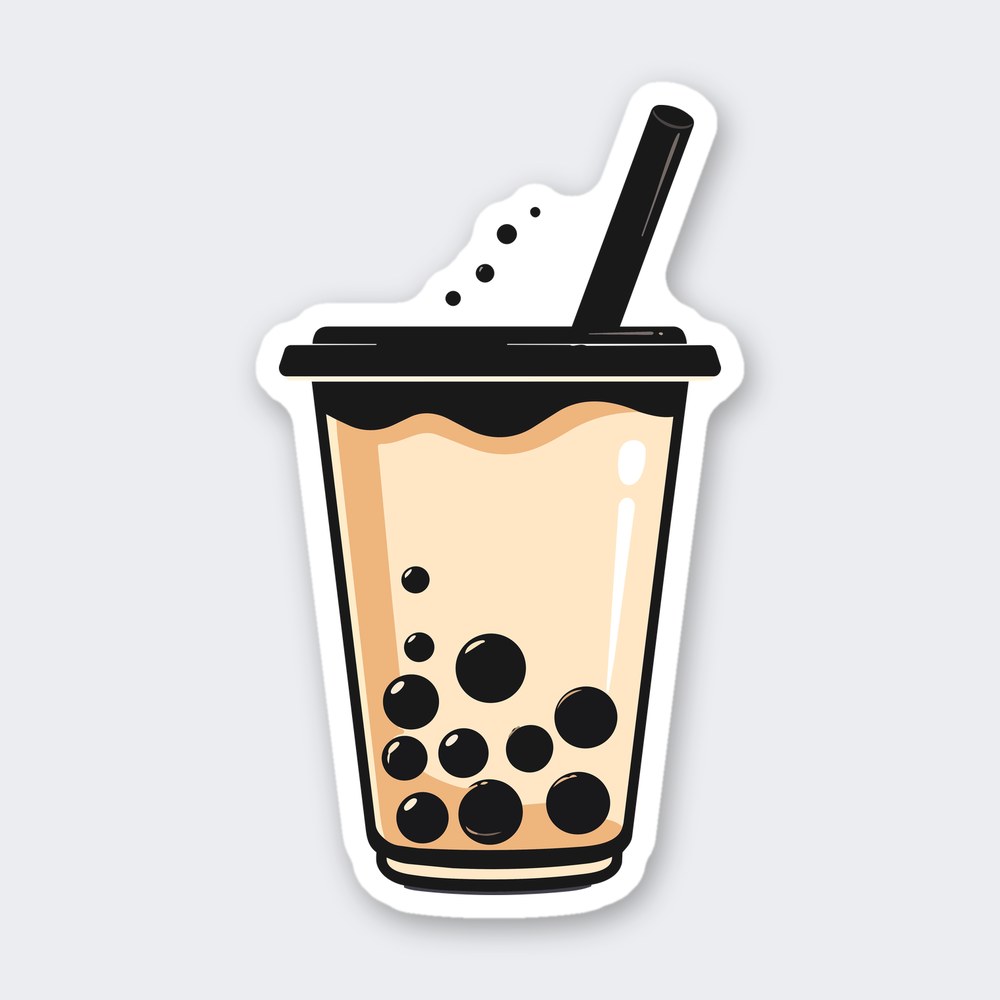 Sticker of a boba milk tea cup with black tapioca pearls, domed lid and thick straw