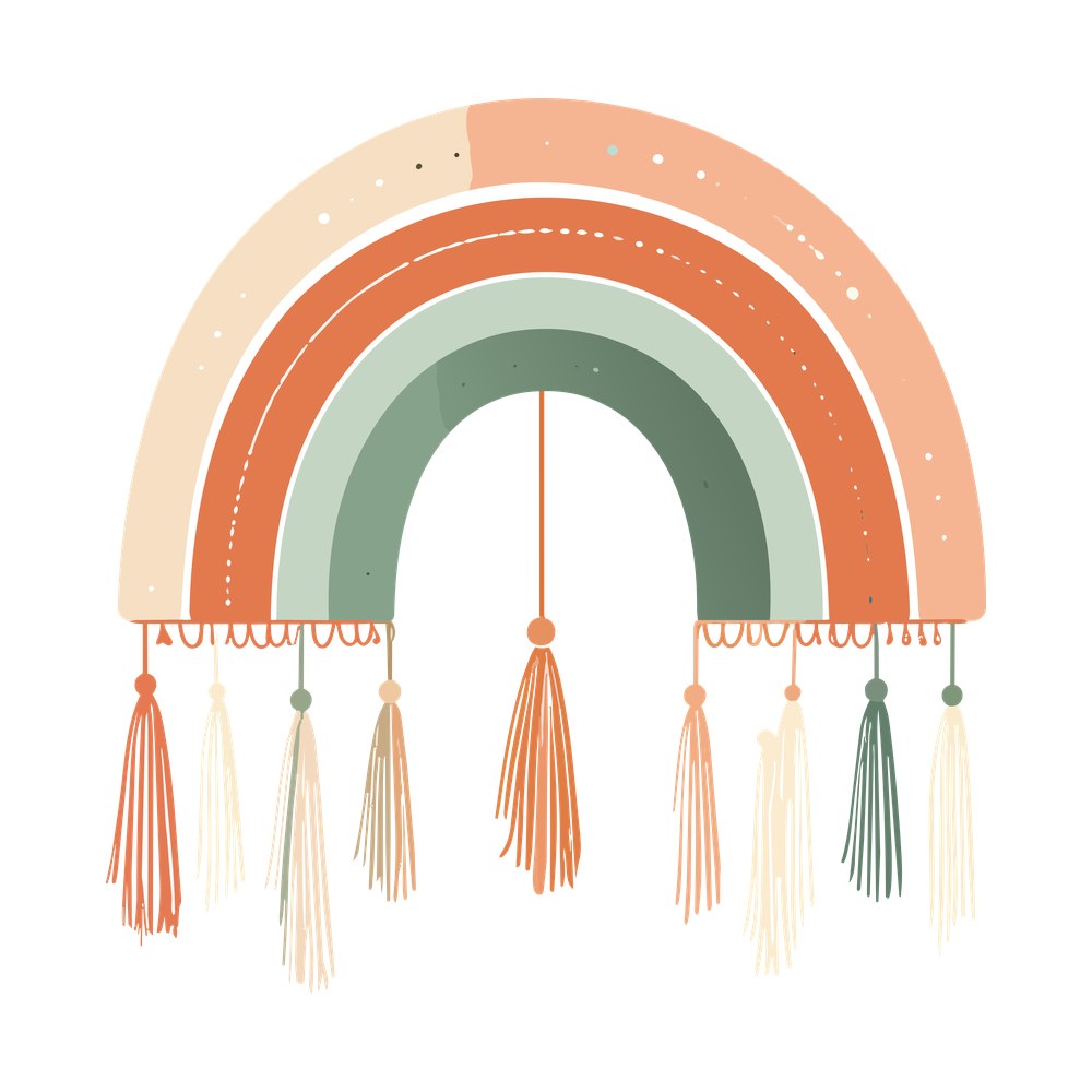 Muted boho rainbow in terracotta, sage and cream with ten hanging fringe tassels