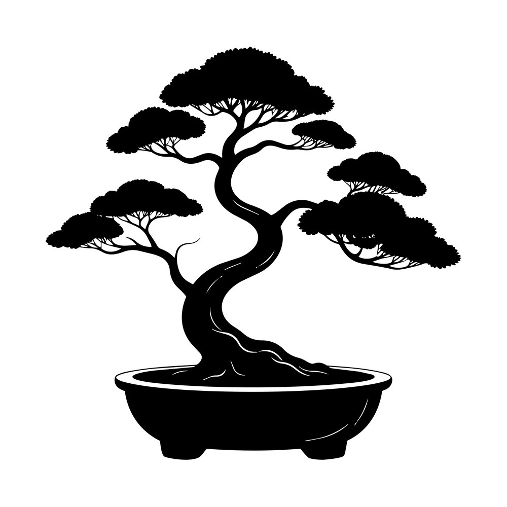 Bonsai tree silhouette with twisting trunk, cloud-shaped foliage pads and shallow pot