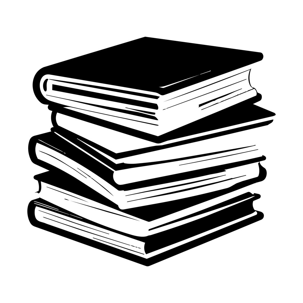 Black and white sticker of four stacked hardcover books with inked page edges