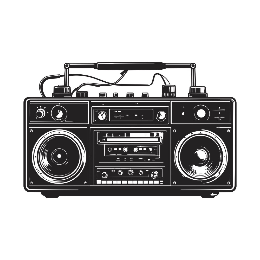 One-color retro boombox silhouette with twin speakers, cassette deck, knobs and antenna