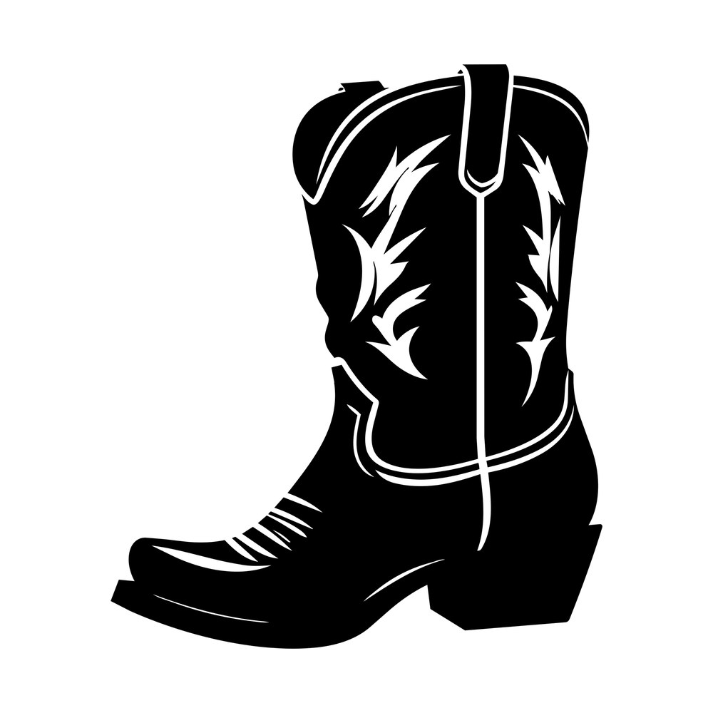 Black cowboy boot sticker with white western stitching, pointed toe and stacked heel
