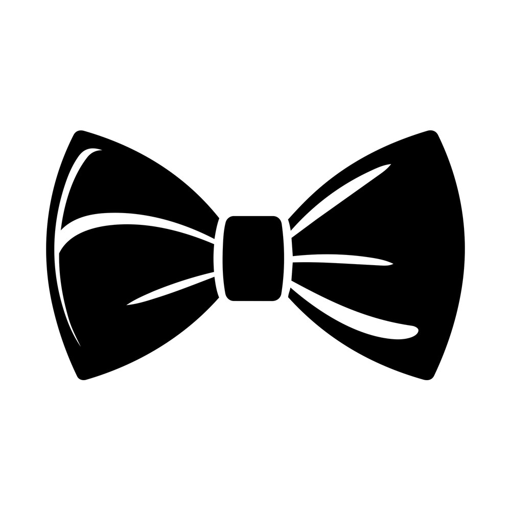 Black bow tie sticker shown front on with a center knot band and white fold lines