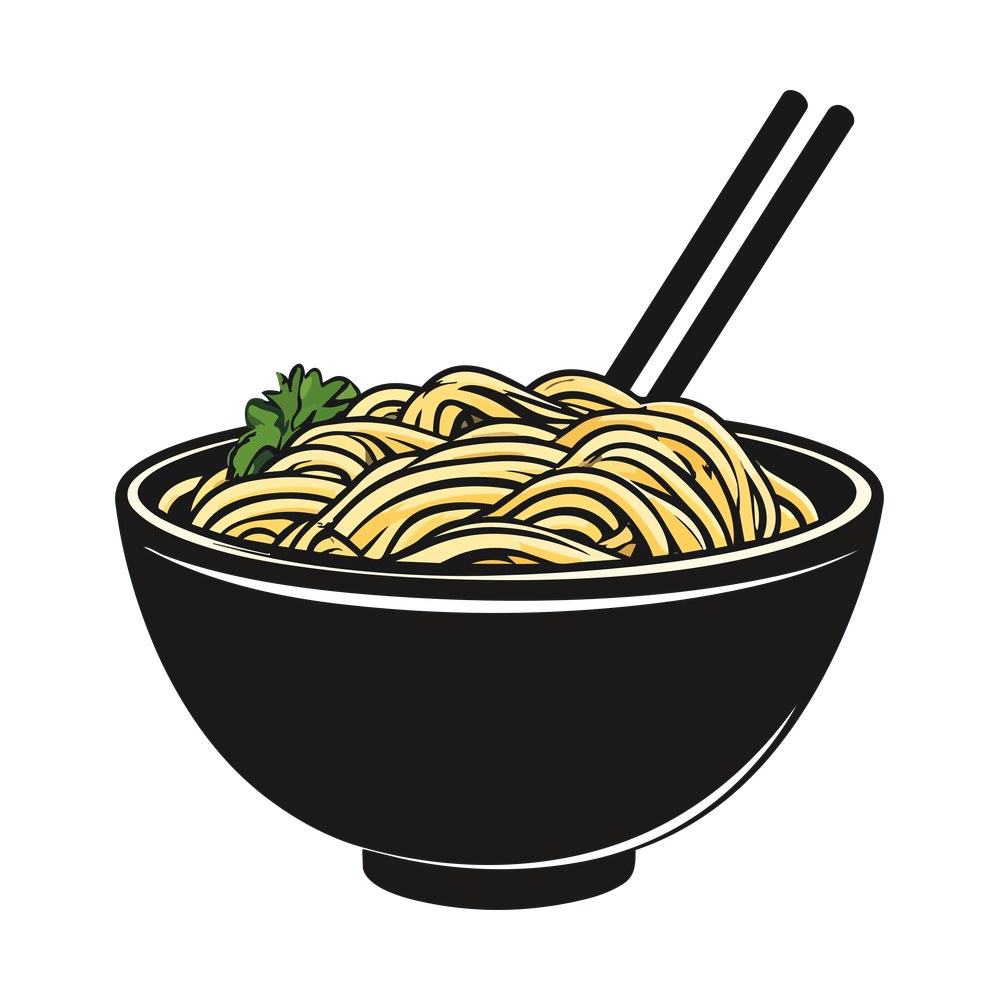 Black bowl of curling yellow noodles with chopsticks upright and a green herb garnish