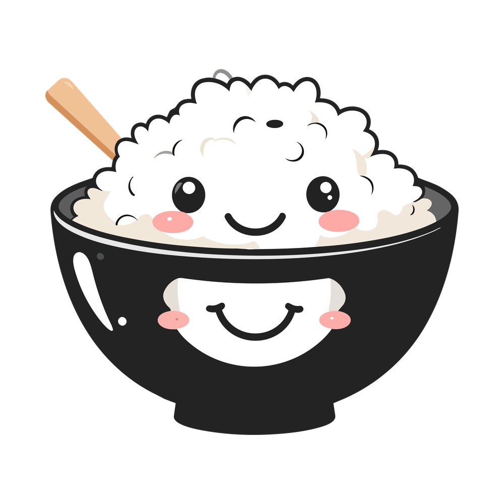 Cute cartoon rice bowl with smiling faces on the rice and bowl, blush cheeks, wooden spoon