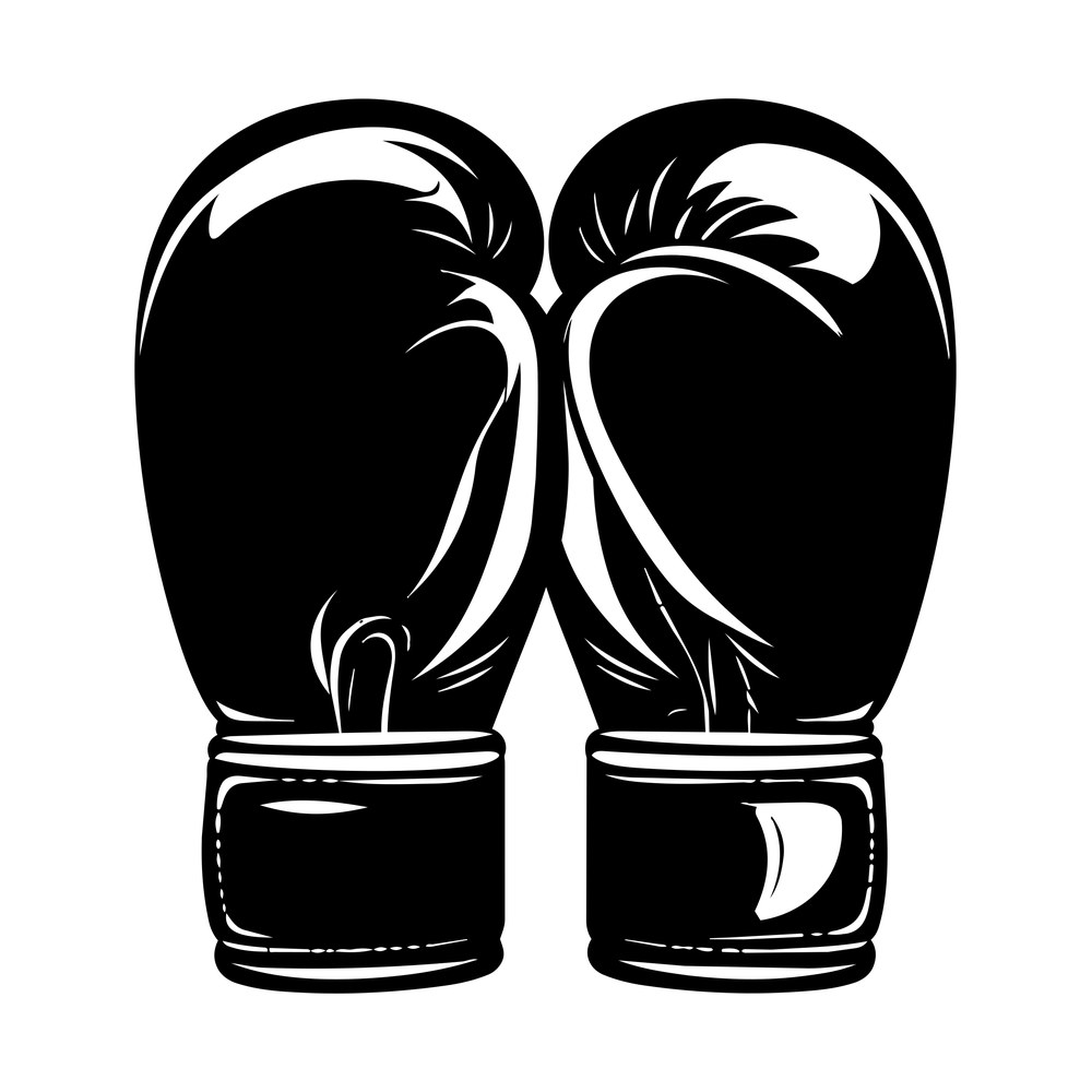 Pair of boxing gloves with laces and stitched cuffs in bold black with white highlights