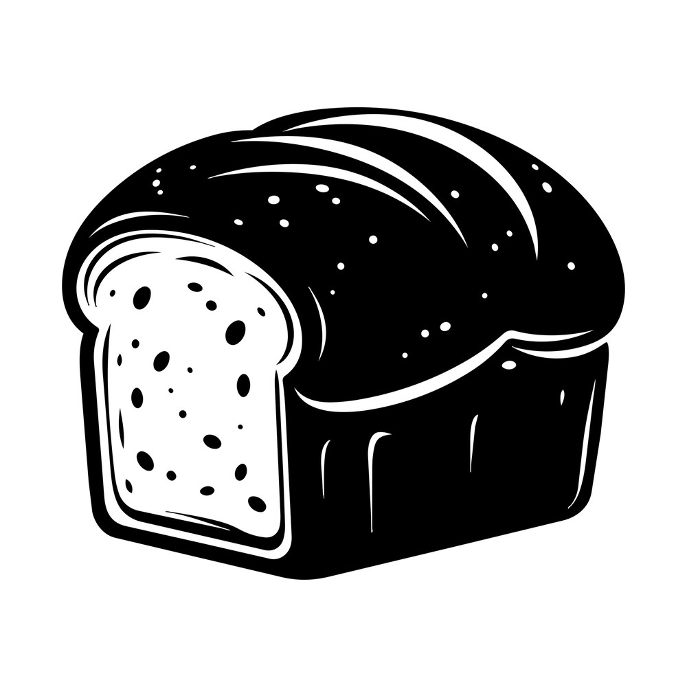 Black and white sticker of a bread loaf with one slice cut showing speckled crumb