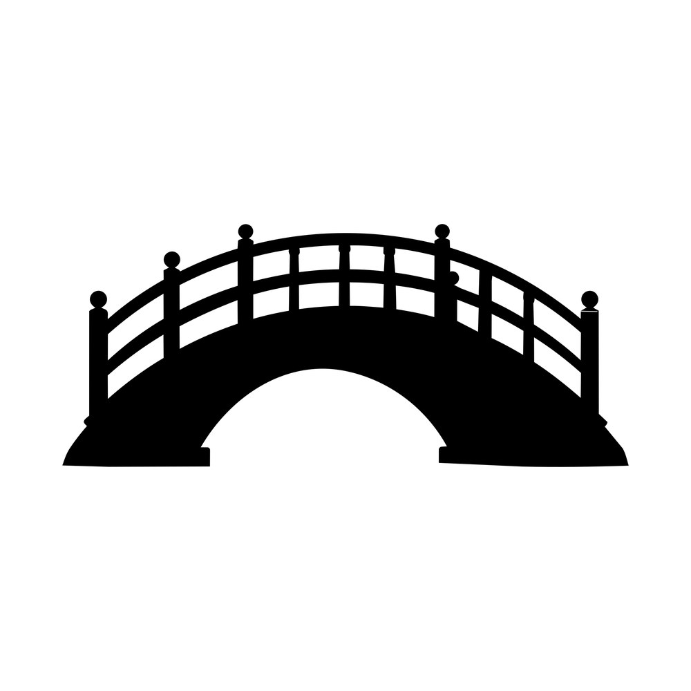 Black silhouette of an arched footbridge with slatted railing and ball-topped posts, side view