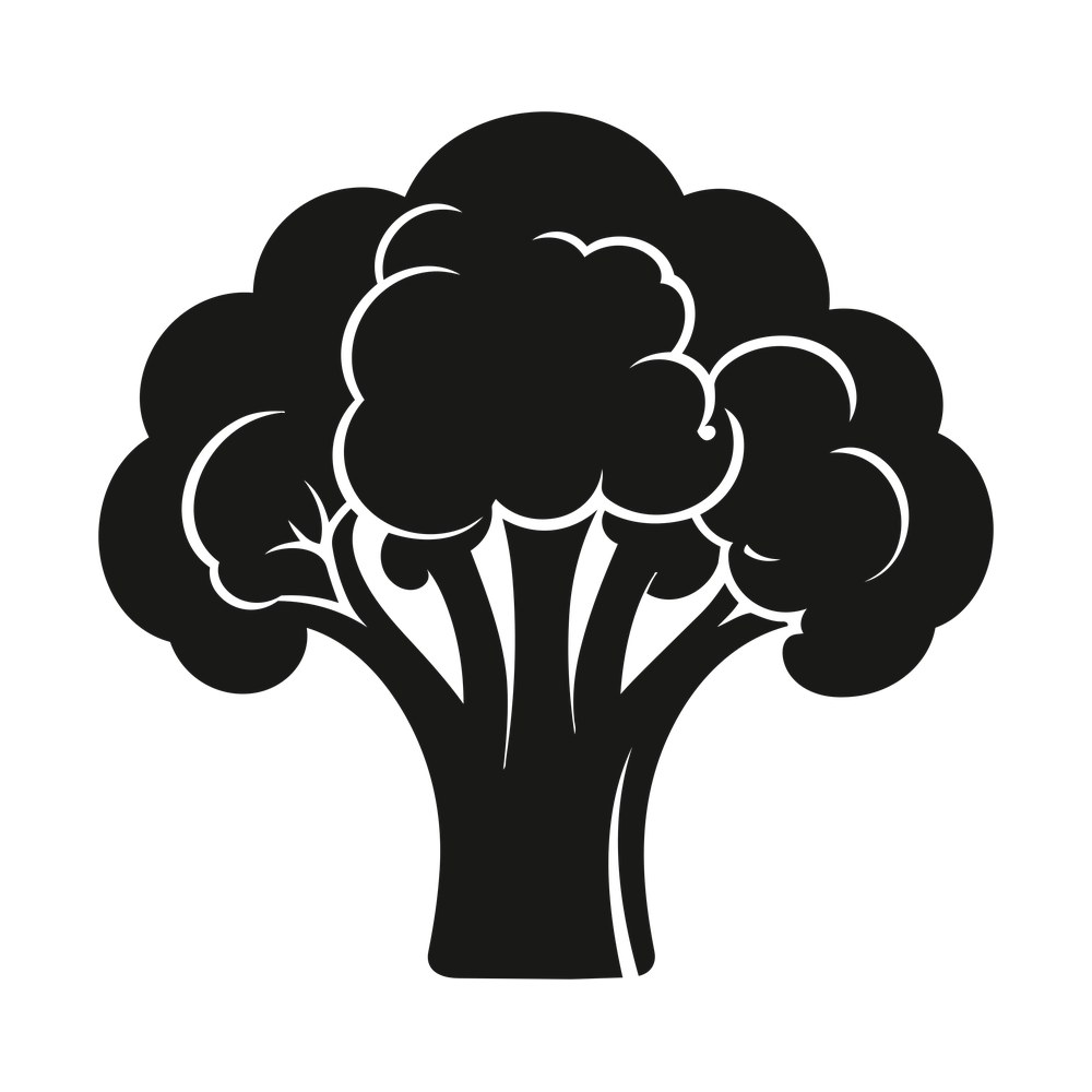 Solid black broccoli silhouette with rounded florets above a thick ribbed stalk