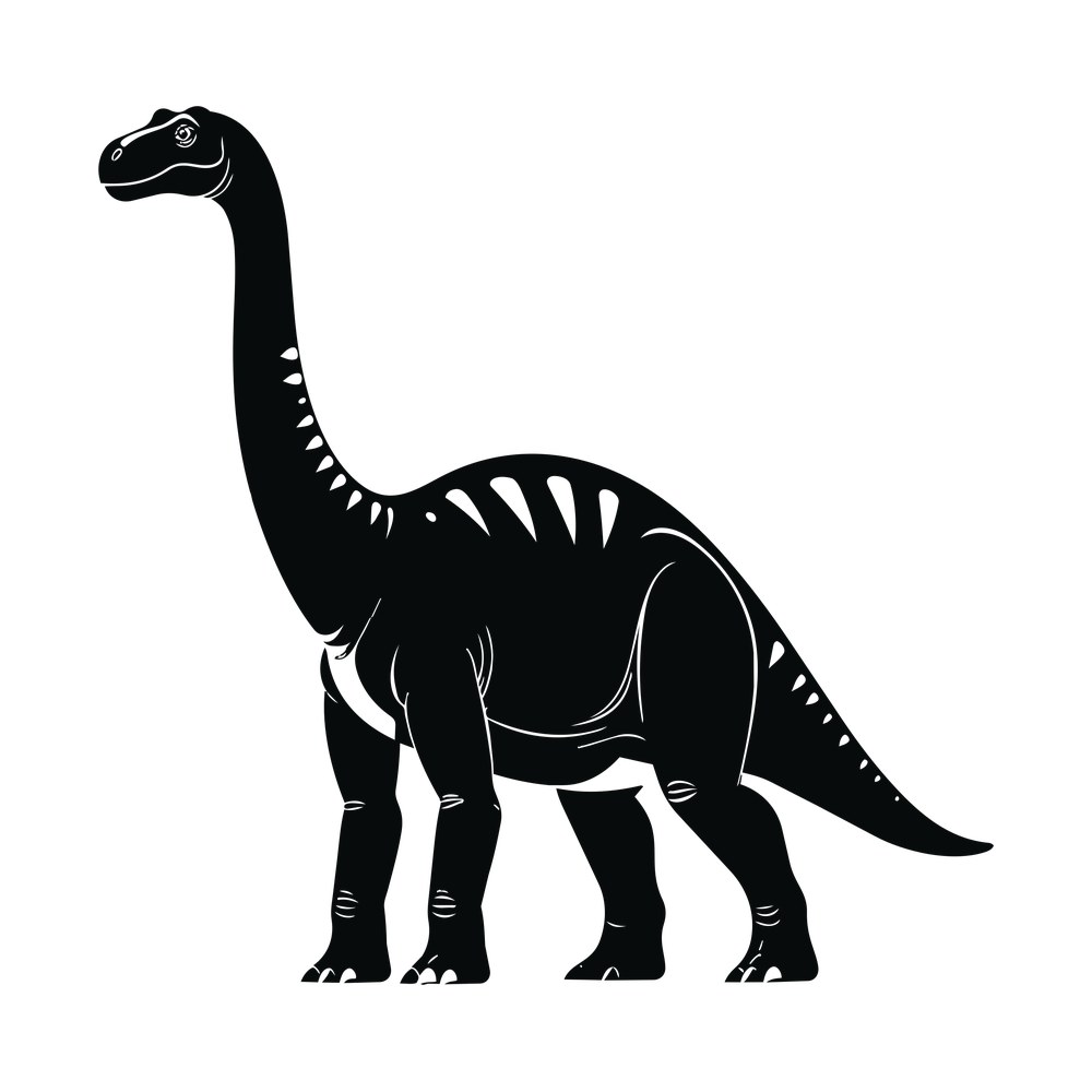 Black standing brontosaurus silhouette with long neck, sweeping tail and fine carved line detail