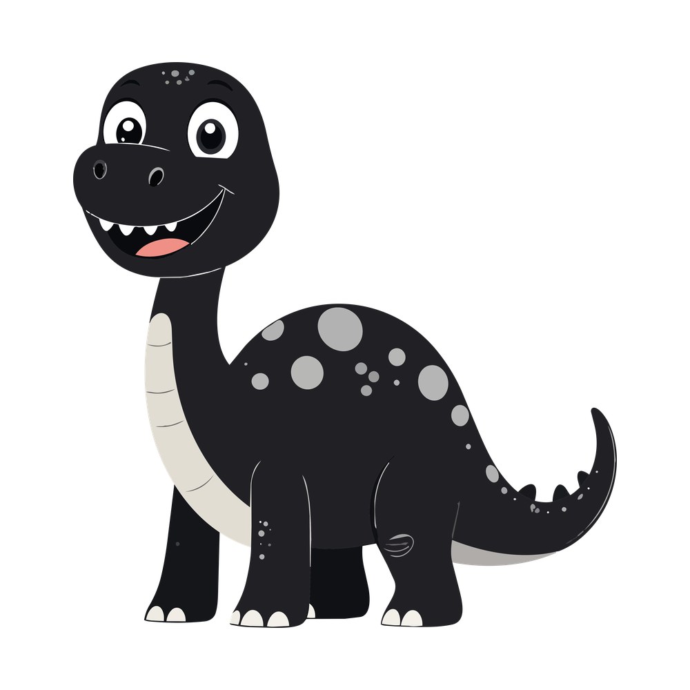 Smiling cartoon long-necked dinosaur with gray spots, cream belly and small spikes on its tail