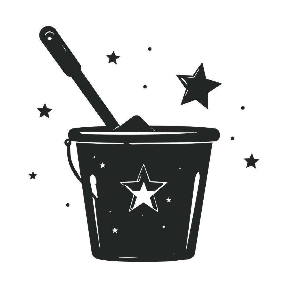 Sketched sand bucket with spade and scattered stars, one-color silhouette cut file