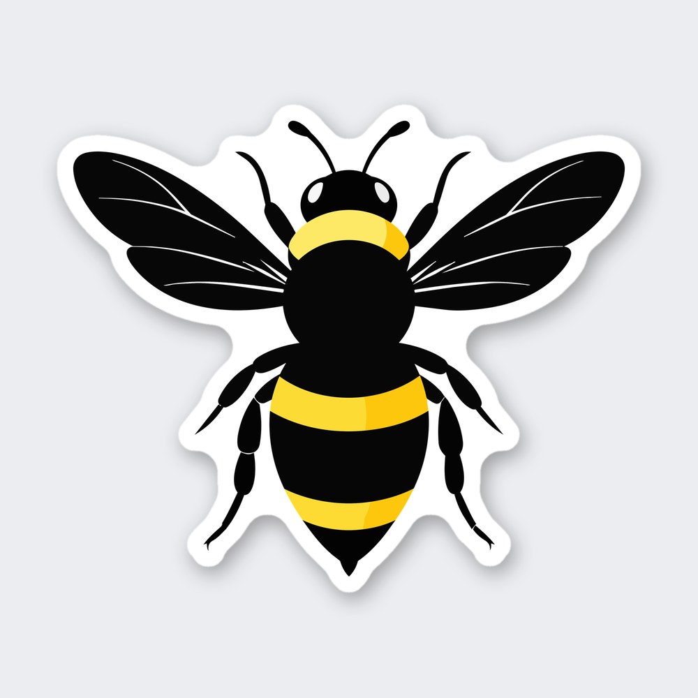 Bumblebee illustration from above with black body, yellow stripes and spread veined wings