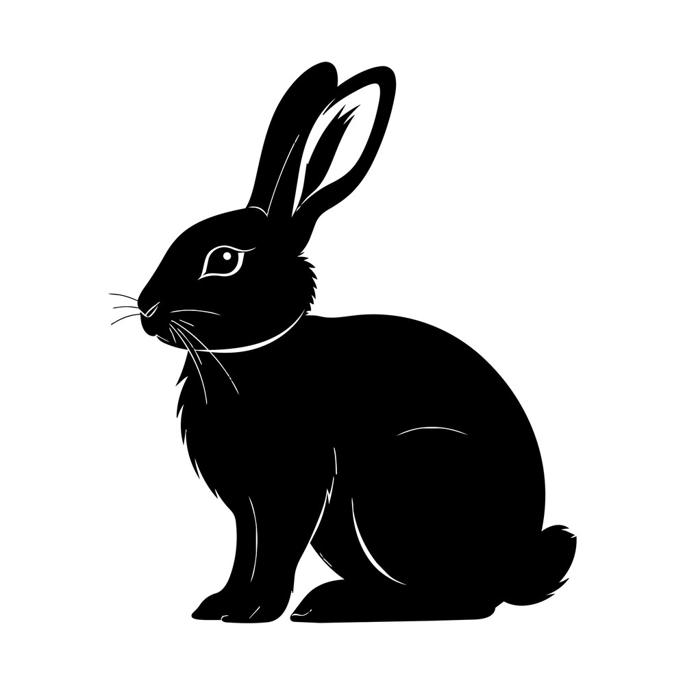 Black silhouette of a sitting rabbit in profile with tall ears, whiskers and fluffy tail