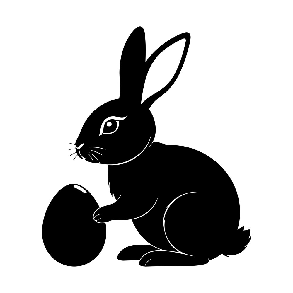 Black silhouette of a sitting rabbit in profile with a paw on a large Easter egg