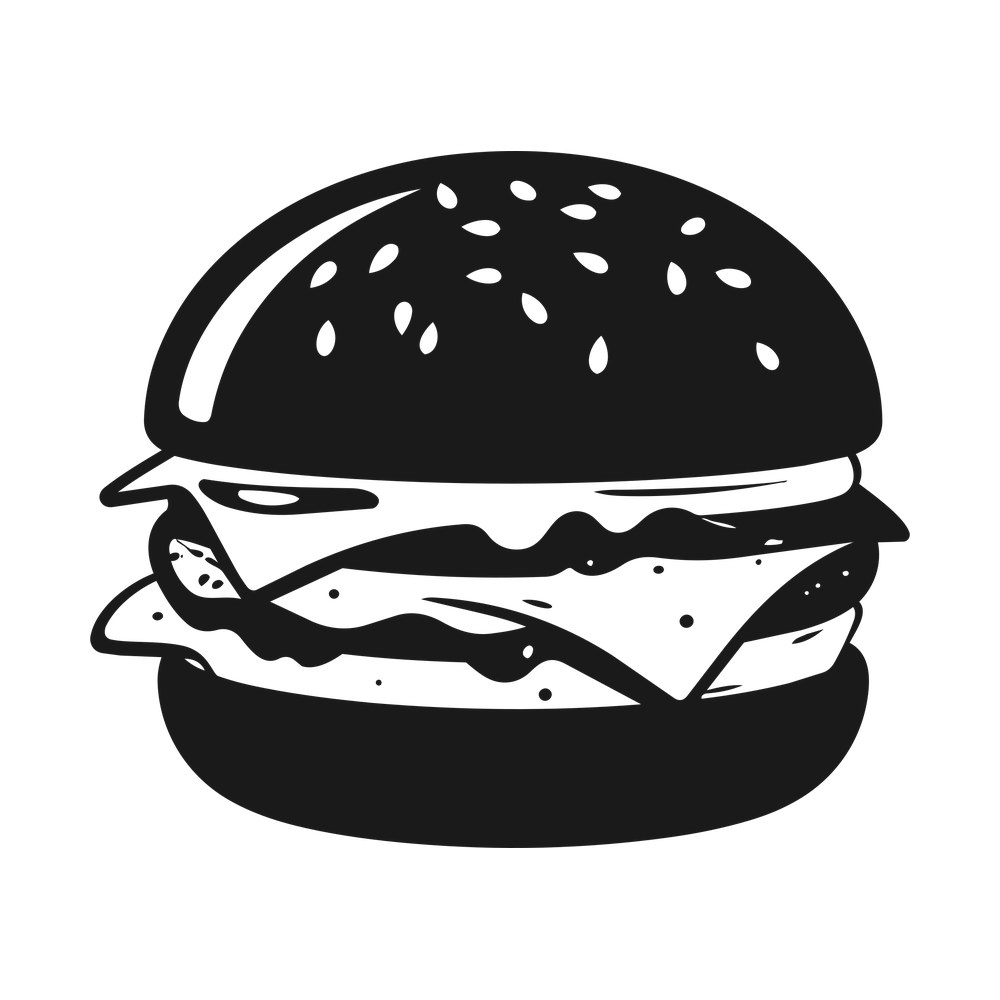 Bold black cheeseburger drawing with sesame seed bun, cheese slice, lettuce and patty