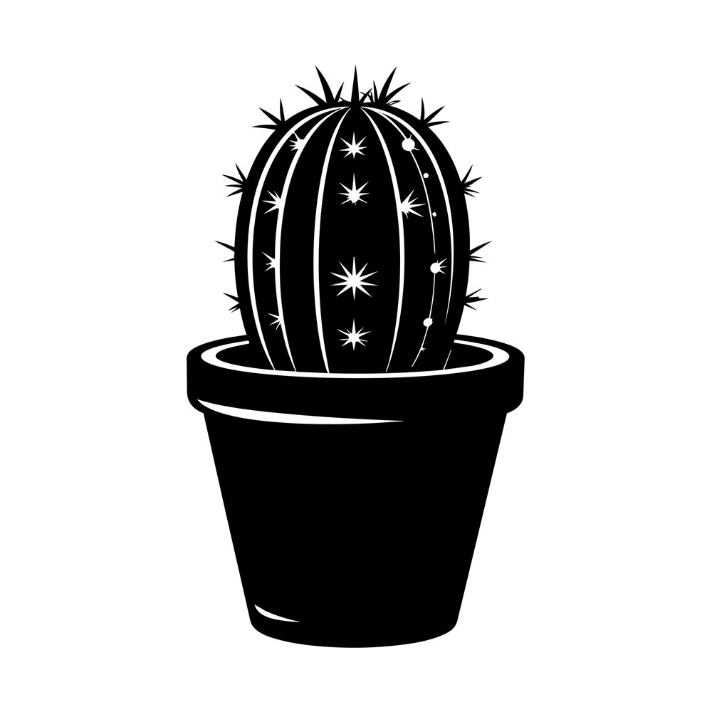 Black and white sticker of a round spiny cactus growing in a terracotta plant pot