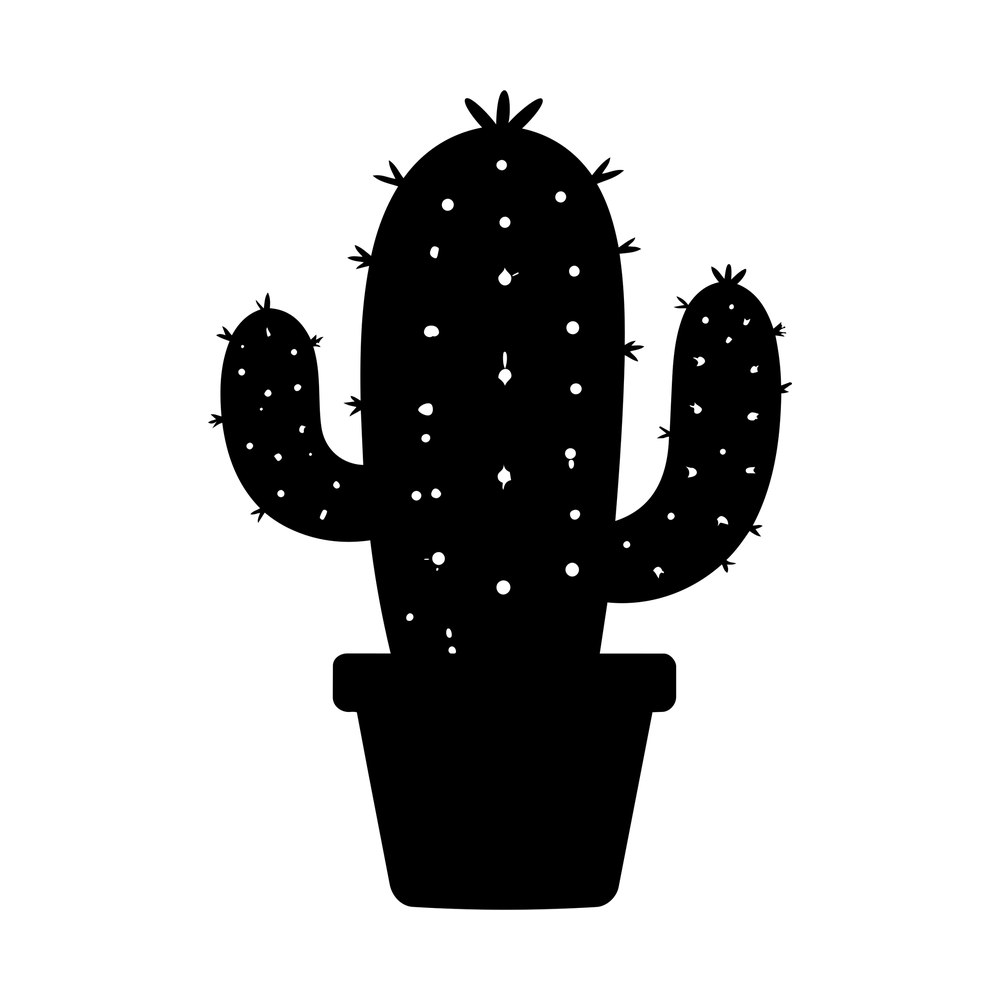 Black silhouette sticker of a potted cactus with two arms, spines and dotted areoles