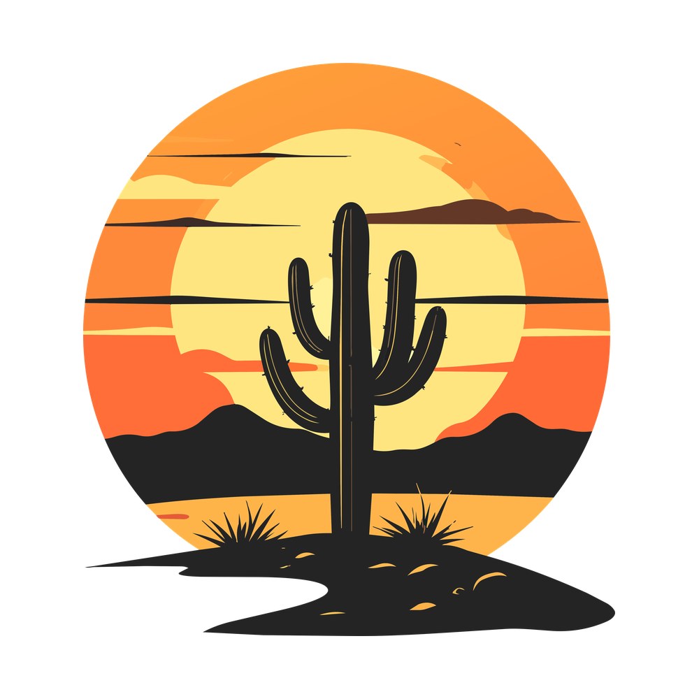 Saguaro cactus silhouette in front of an orange desert sunset circle with mountains and grasses
