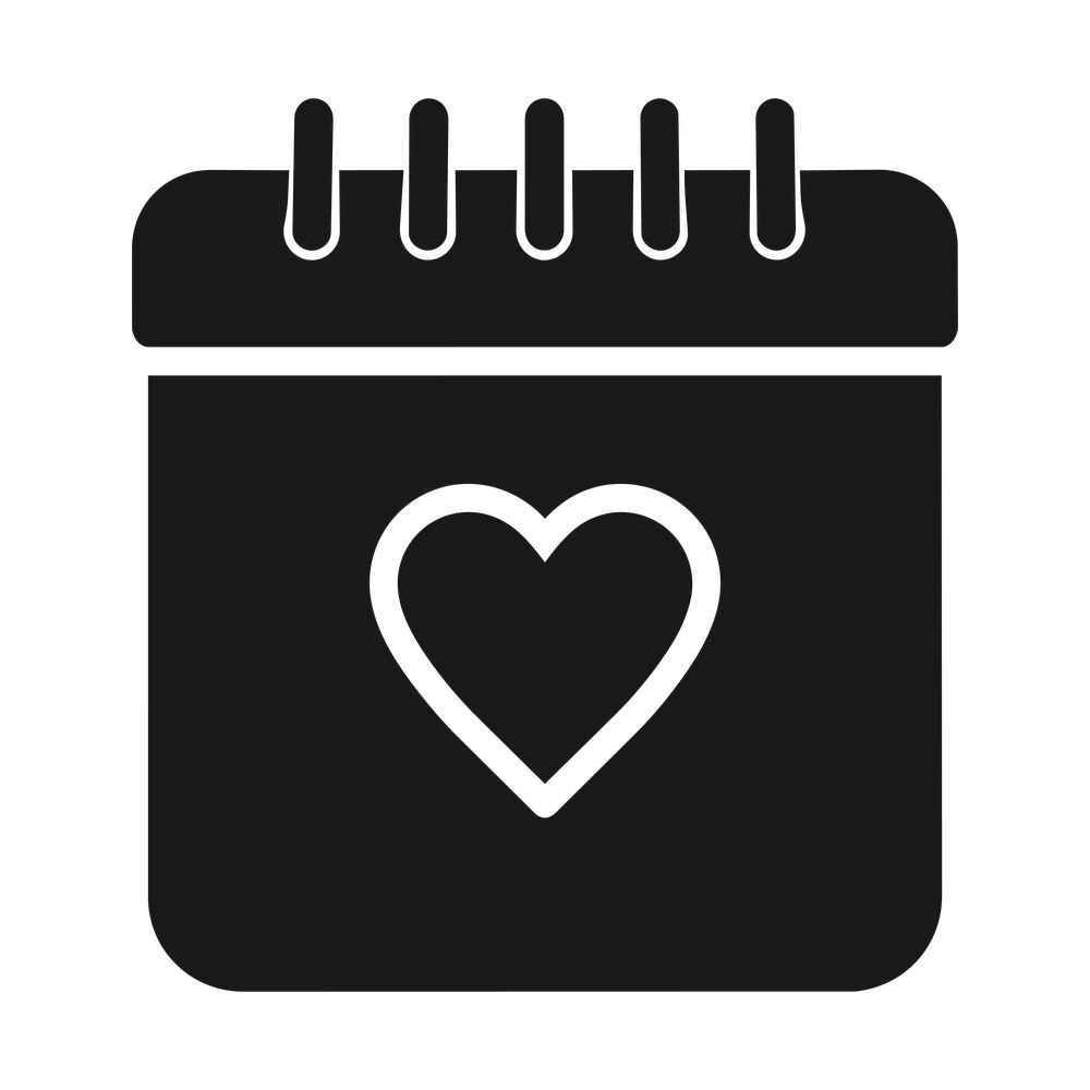 Flat calendar icon with spiral rings and an outlined heart on the page