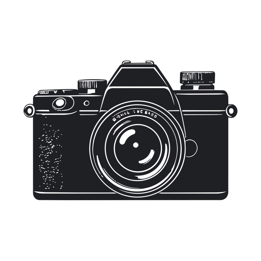 Black silhouette of a vintage 35mm SLR camera with a large lens, prism hump and control dials