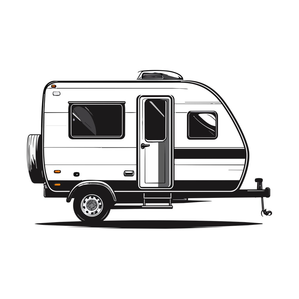 Black outline drawing of a small travel trailer from the side with door, windows and spare tire