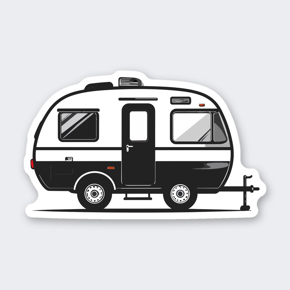 Side view sticker of a small retro camper trailer with windows, door, wheels and tow hitch