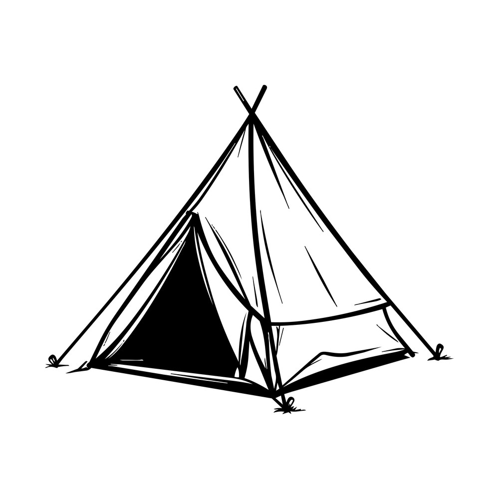 Hand-drawn ridge tent in black ink with crossed poles, open dark doorway and staked guy lines