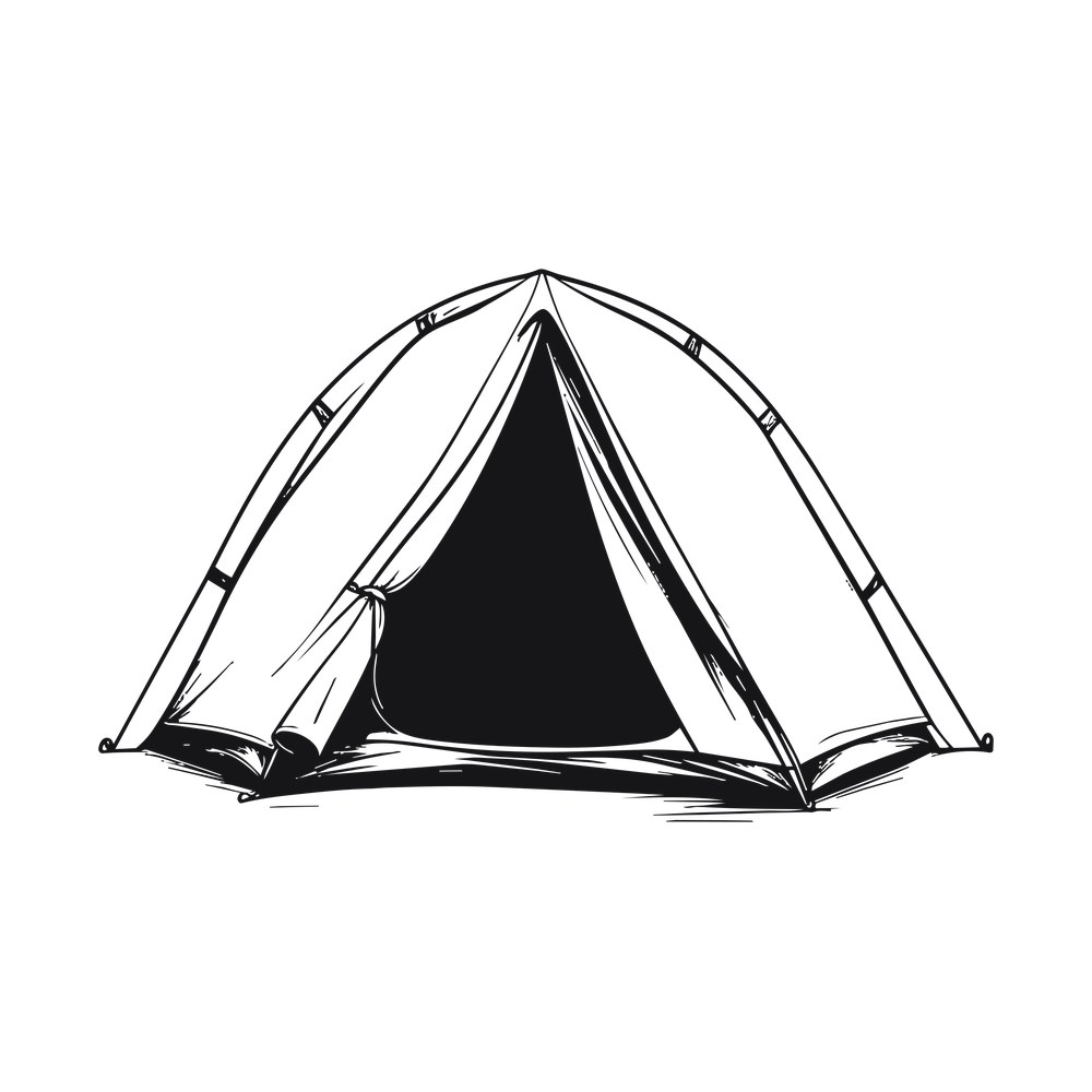 Black ink sketch of a dome camping tent seen from the front with its door open