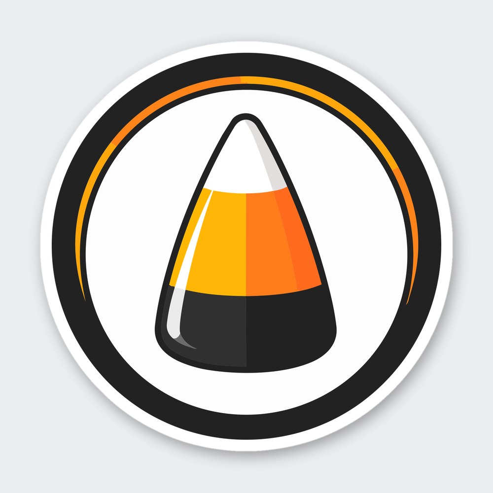 Round Halloween badge with black ring and orange arc framing a white, orange and black candy corn