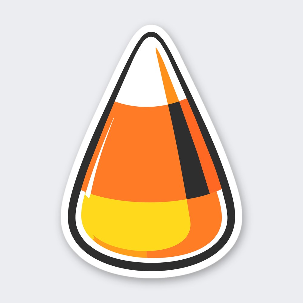 Candy corn with thick black outline, white tip, orange middle and yellow base